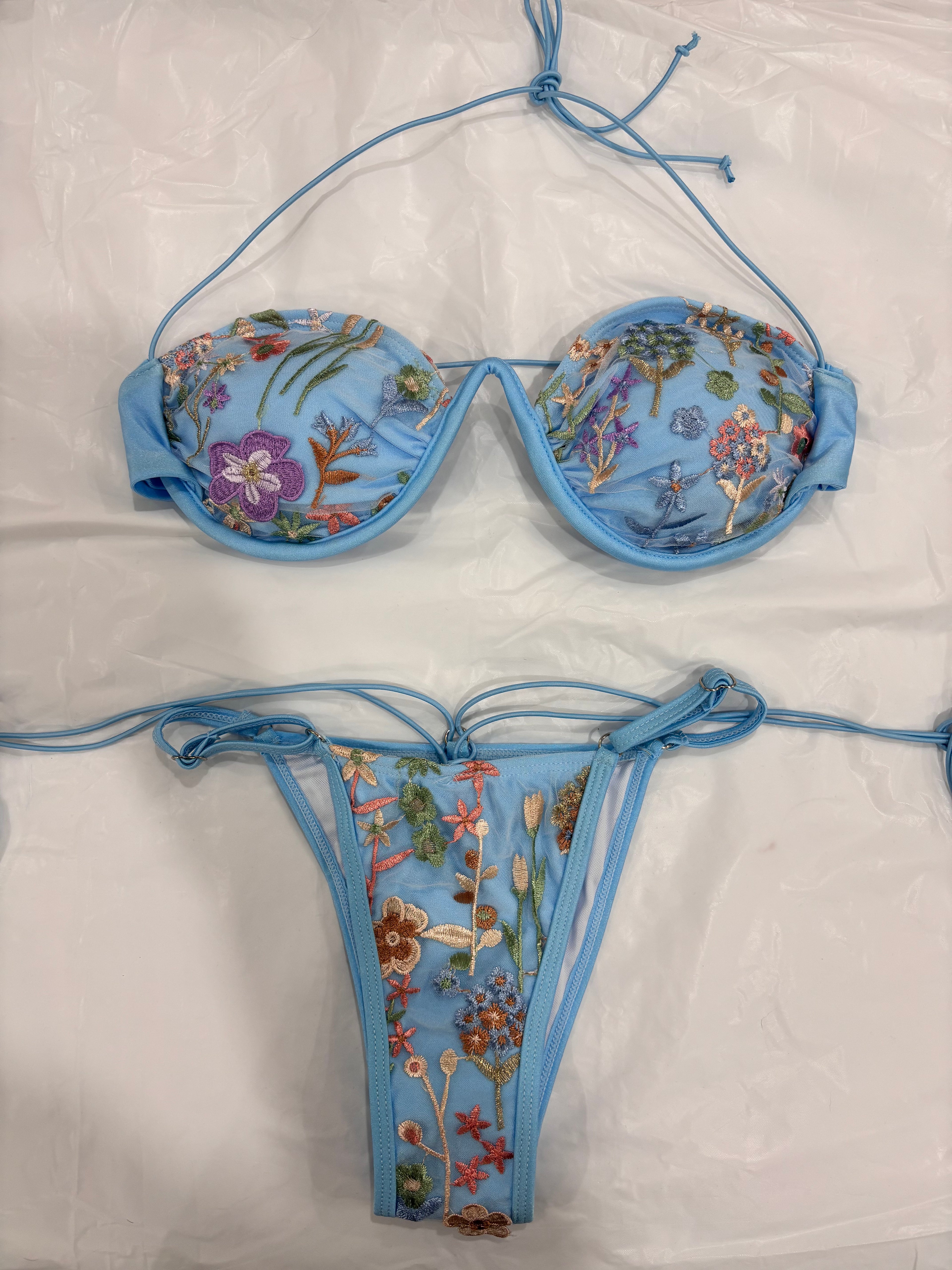 Blue Blossom Embroidered Bikini Set